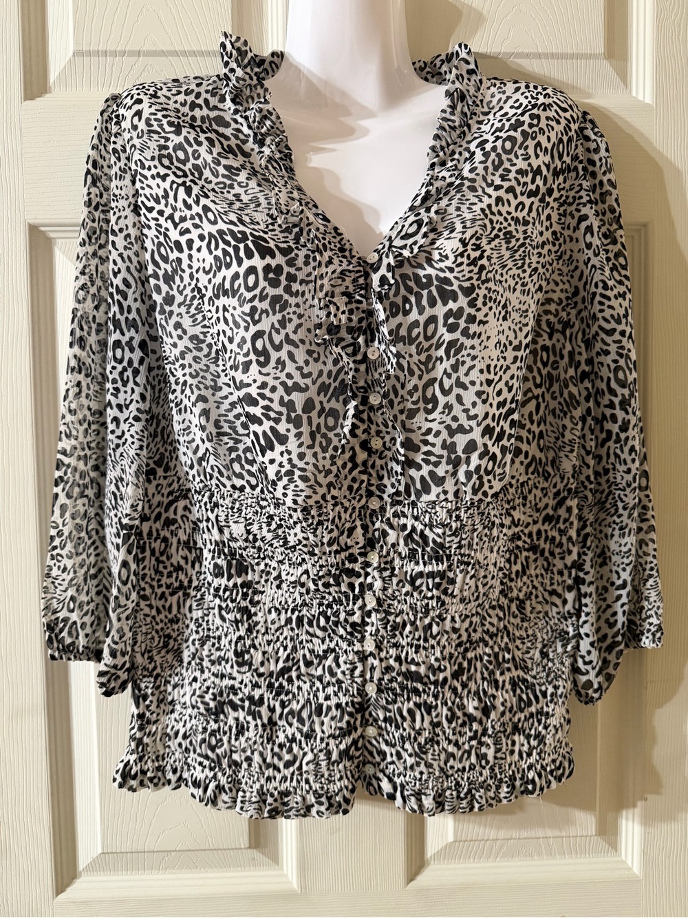 Cato Black & White Leopard Ruffle Button-Front Blouse